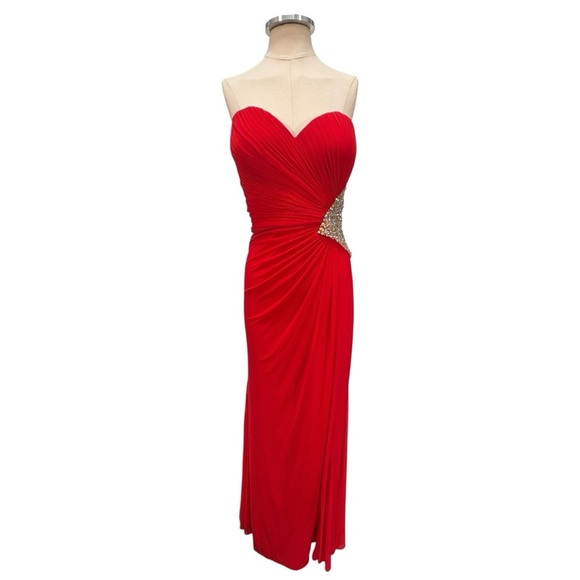 La Femme Strapless Rhinestone Embellished Cut Out High Slit Maxi Dress Red - Picture 3 of 13